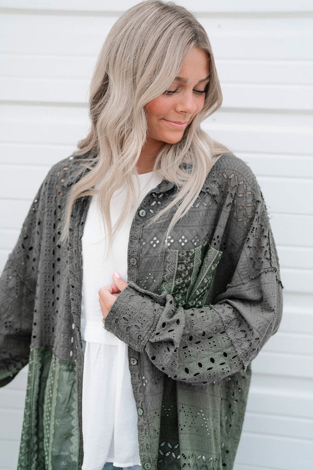 BerryBetty - Duffel Green Eyelet Pattern Patchwork Oversized Button Up Shacket