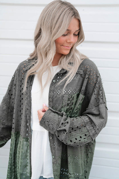 BerryBetty - Duffel Green Eyelet Pattern Patchwork Oversized Button Up Shacket