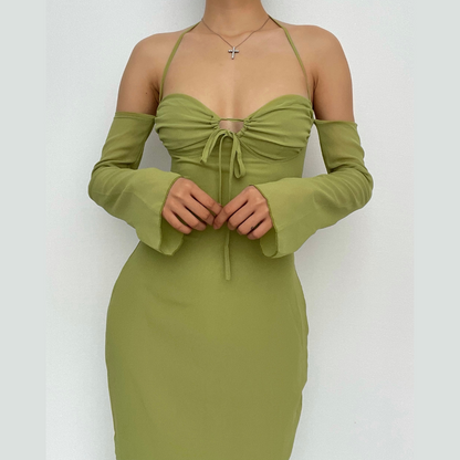 BerryBetty - Low cut halter off shoulder long flared sleeve midi dress