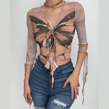 BerryBetty - Butterfly print sheer mesh see through long sleeve ruffle self tie crop top