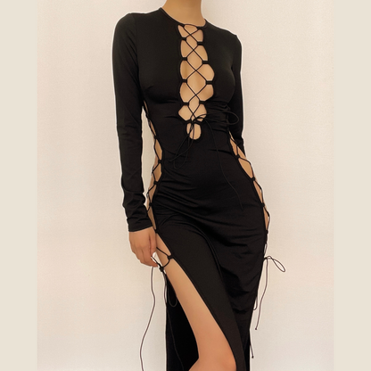 BerryBetty - Long sleeve solid hollow out slit self tie lace up midi dress