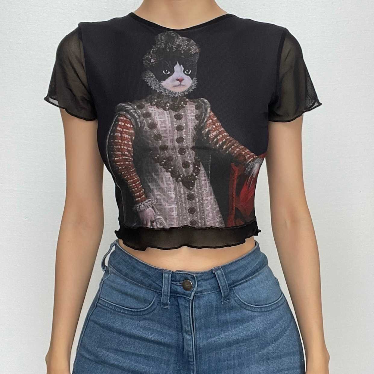 BerryBetty - Mesh cat pattern short sleeve ruffle contrast crop top