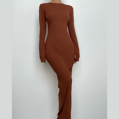 BerryBetty - Long sleeve solid round neck maxi dress