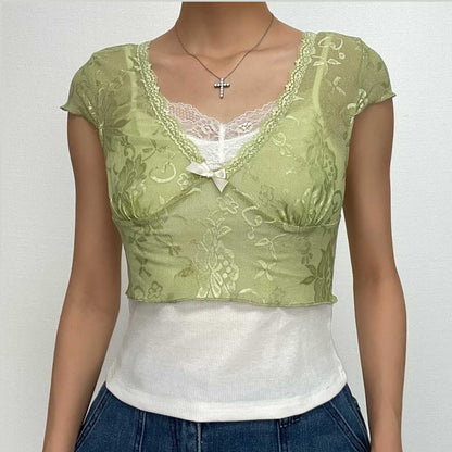 BerryBetty - Lace contrast patchwork cap sleeve ruffle crop top