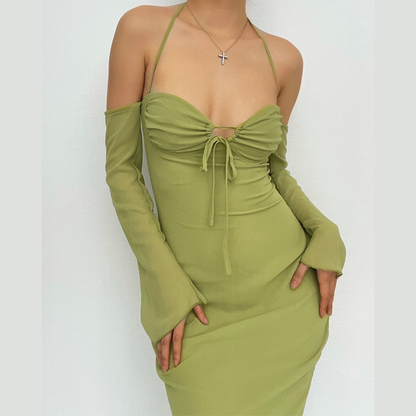 BerryBetty - Low cut halter off shoulder long flared sleeve midi dress