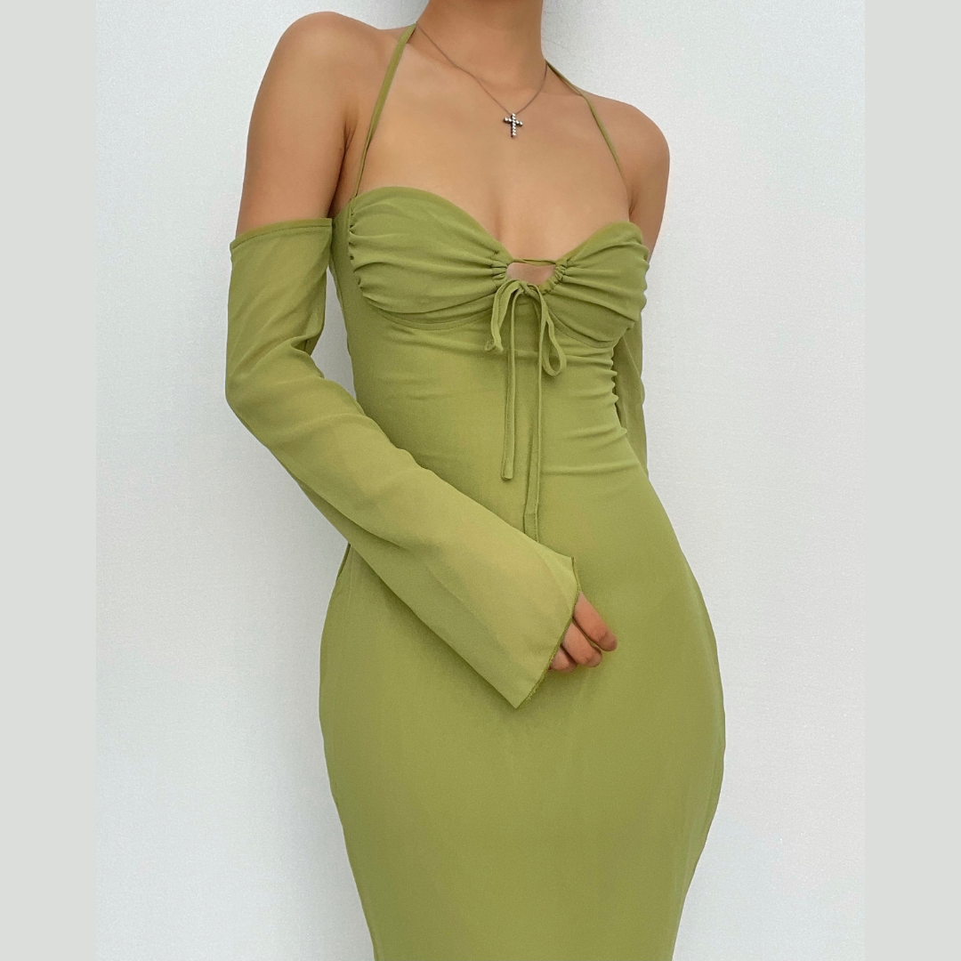 BerryBetty - Low cut halter off shoulder long flared sleeve midi dress