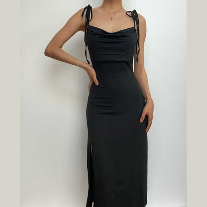 BerryBetty - Cowl neck solid slit backless self tie ruched midi dress