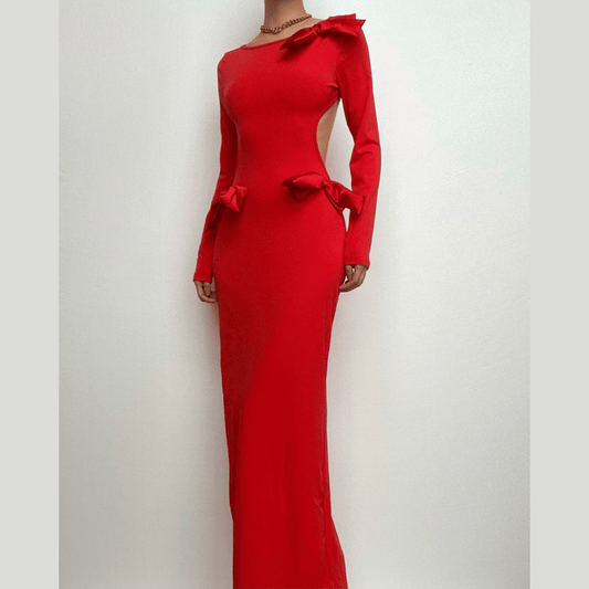 BerryBetty - Bowknot backless hollow out solid long sleeve maxi dress