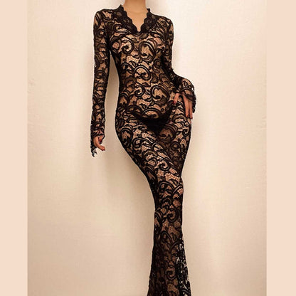 BerryBetty - Lace see through long sleeve v neck solid maxi dress