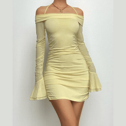 BerryBetty - Off shoulder halter mesh ruched long flared sleeve mini dress