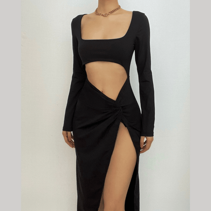 BerryBetty - Long sleeve solid hollow out ruched slit knotted midi dress