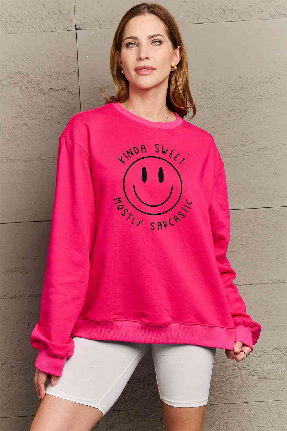 Simply Love Full Size Smiling Face Graphic Sweatshirt Hot Pink clothes long sleeve long sleeve shirts long sleeve top Ship From Overseas Shipping Delay 09/29/2023 - 10/04/2023 Simply Love sweater sweaters