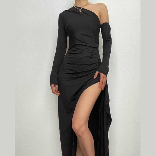 BerryBetty - Off shoulder irregular ruched solid long sleeve slit maxi dress