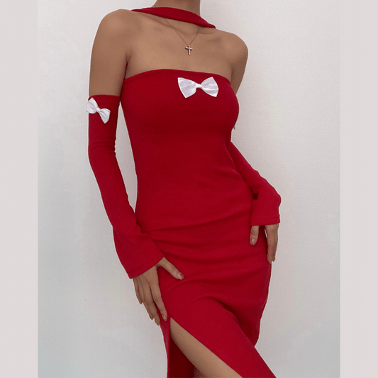 BerryBetty - Solid halter bowknot applique slit gloves midi dress