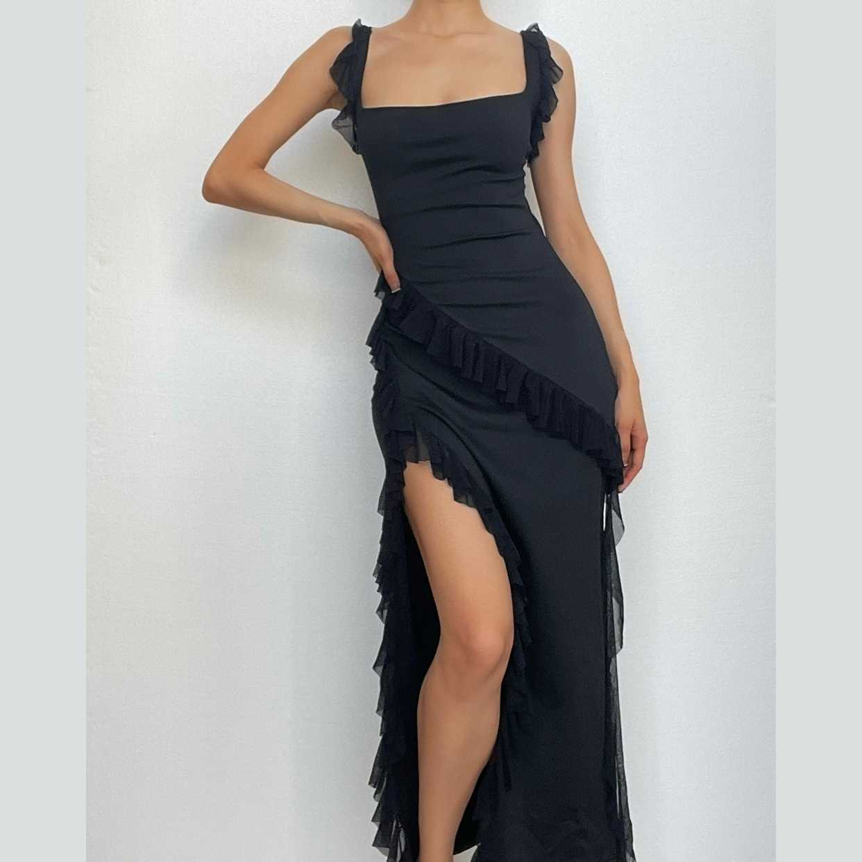 BerryBetty - Ruffle cap sleeve slit square neck irregular solid maxi dress