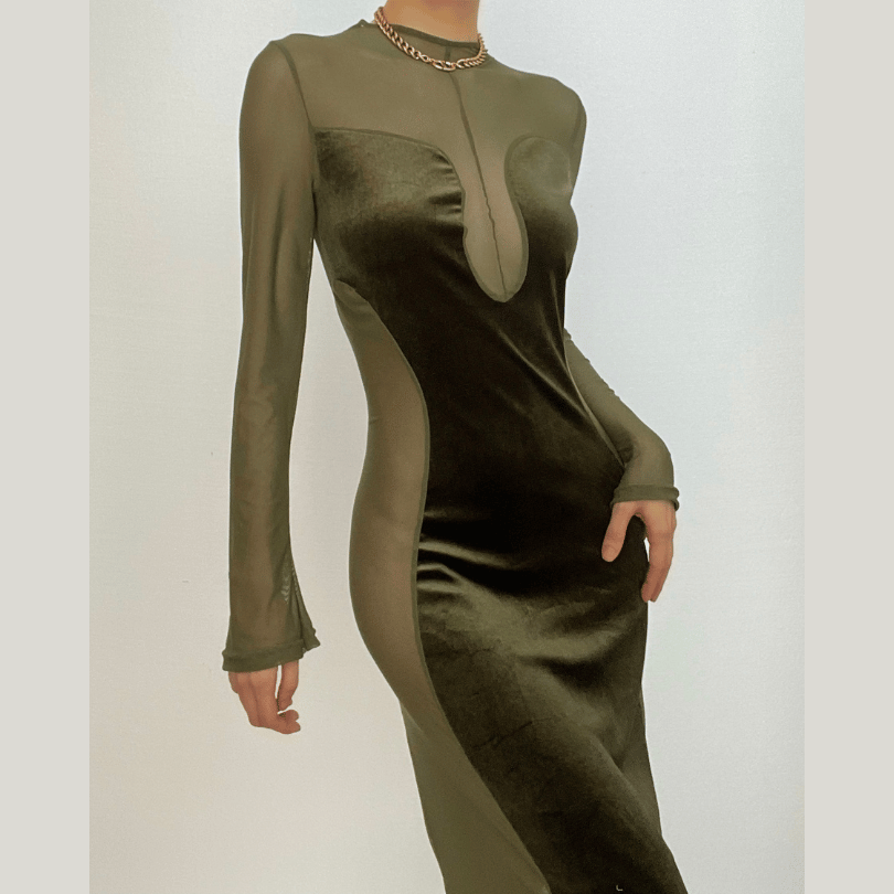 BerryBetty - Long sleeve velvet mesh solid zip-up maxi dress