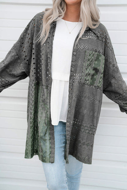 BerryBetty - Duffel Green Eyelet Pattern Patchwork Oversized Button Up Shacket