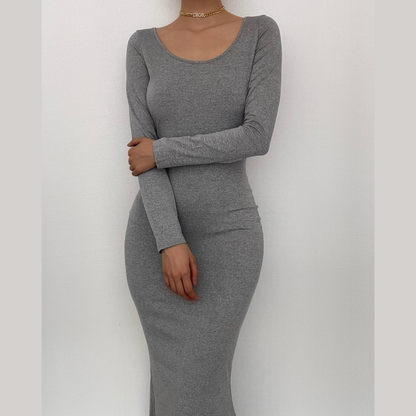 BerryBetty - Solid long sleeve round neck mermaid hem maxi dress