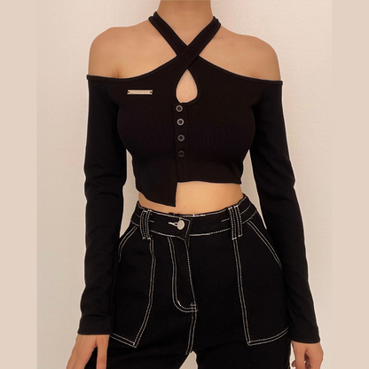 BerryBetty - Cross front hollow out off shoulder button long sleeve crop top