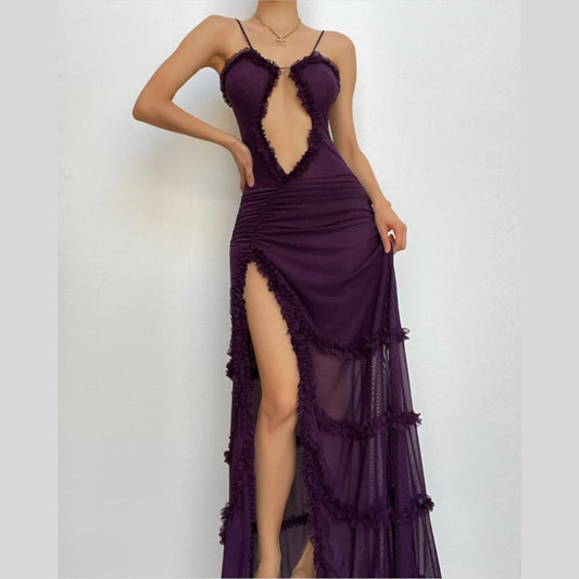 BerryBetty - Ruffle spaghetti strap irregular slit backless maxi dress