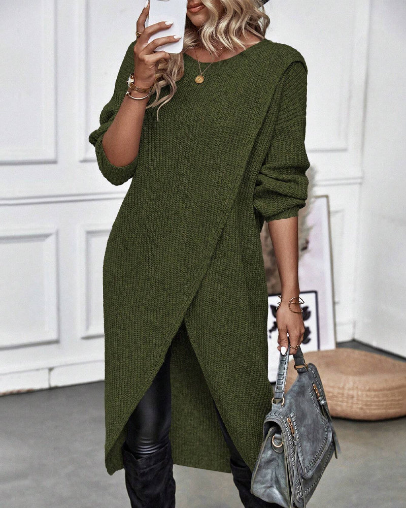 Irregular hem solid color sweater dress Green 2023 f/w 23BF Casual Dresses clothes sweater dresses Sweaters Tops/Blouses