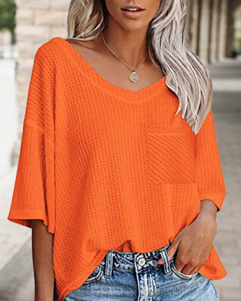 V neck pocket short sleeve t-shirt Orange 23BF clothes Short Sleeve Tops Summer T-shirts Tops/Blouses