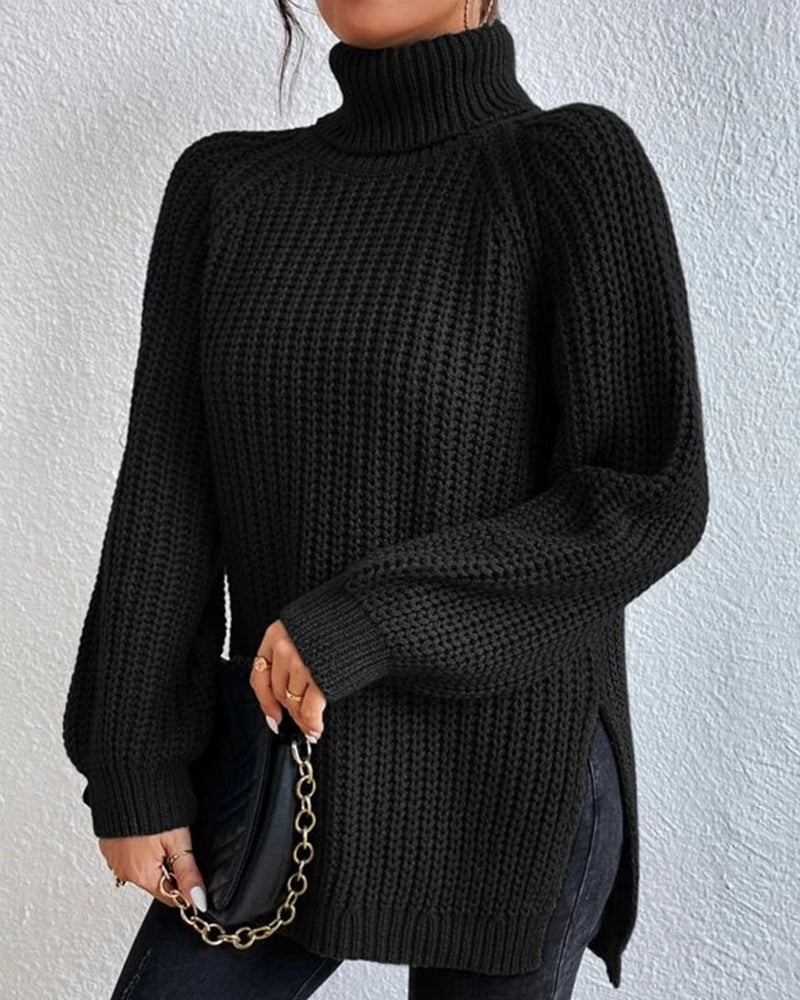 BerryBetty - Raglan sleeve turtleneck slit sweater