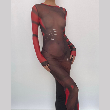 BerryBetty - Long sleeve contrast sheer mesh see through midi dress