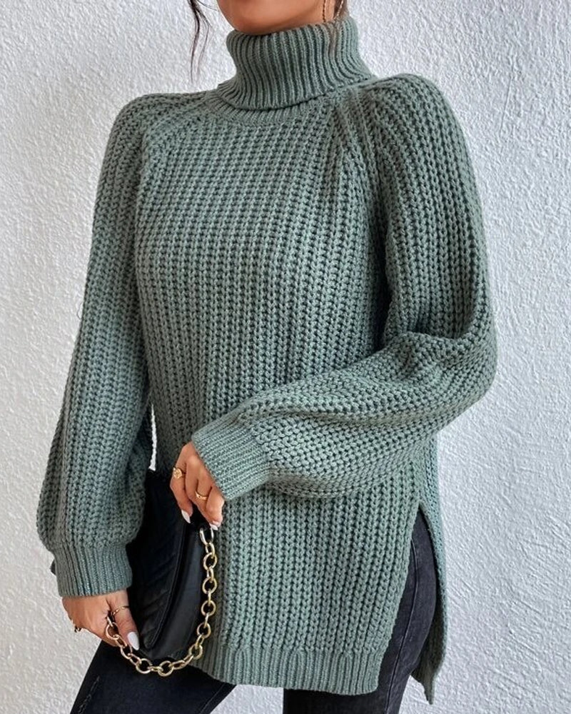 BerryBetty - Raglan sleeve turtleneck slit sweater