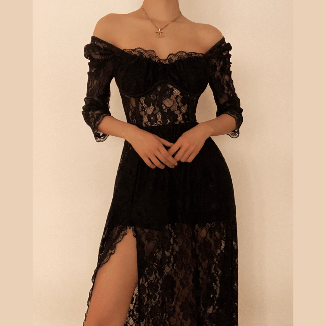 Square neck hem lace slit long sleeve midi dress - Halibuy