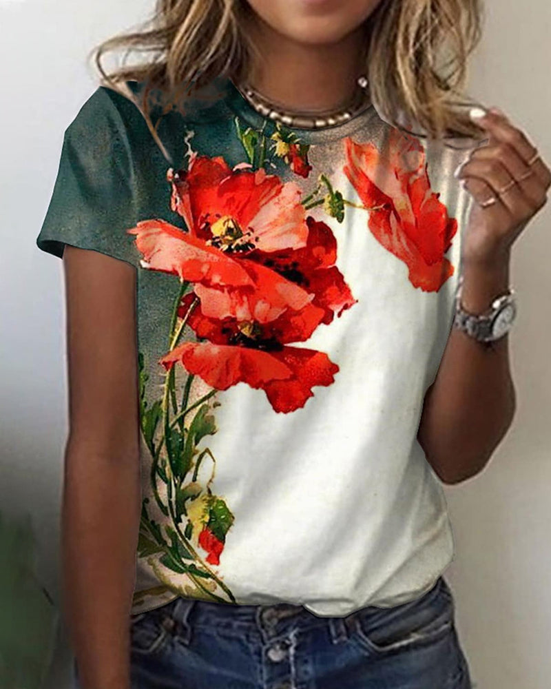 Round neck floral print short sleeve t-shirt Green 23BF clothes Short Sleeve Tops Summer T-shirts Tops/Blouses