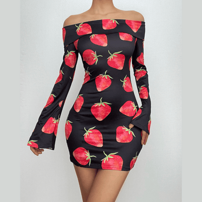 BerryBetty - Off shoulder long sleeve strawberry print contrast mini dress