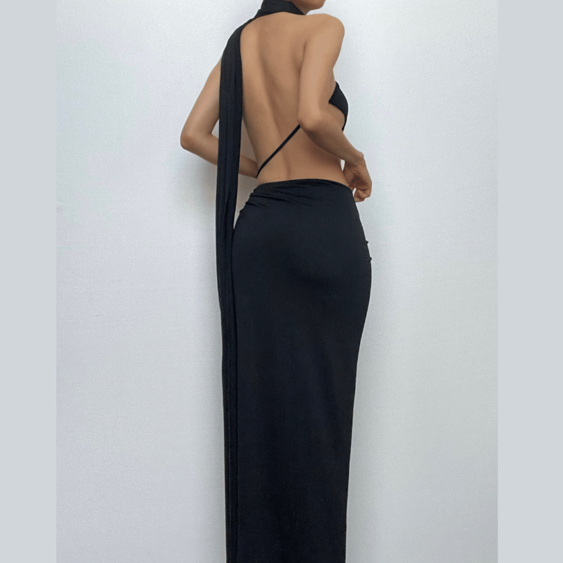 BerryBetty - Halter o ring irregular solid backless ruched slit maxi dress