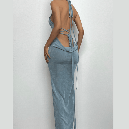 BerryBetty - Halter ruched backless lace up solid self tie maxi dress