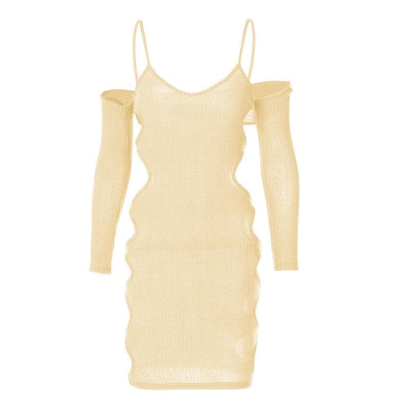 Hollow out long sleeve off shoulder dress - Halibuy
