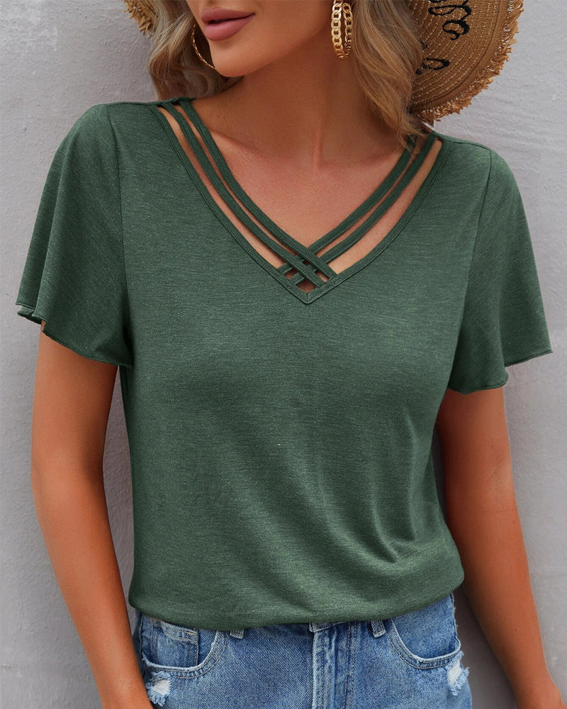 Solid color Cut Out T-shirt Dark green 23BF clothes Short Sleeve Tops Summer T-shirts Tops/Blouses