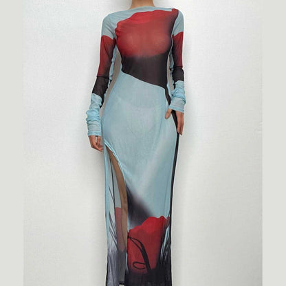 BerryBetty - Sheer mesh see through abstract contrast long sleeve slit maxi dress