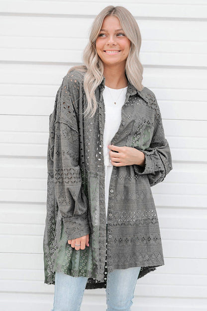 BerryBetty - Duffel Green Eyelet Pattern Patchwork Oversized Button Up Shacket