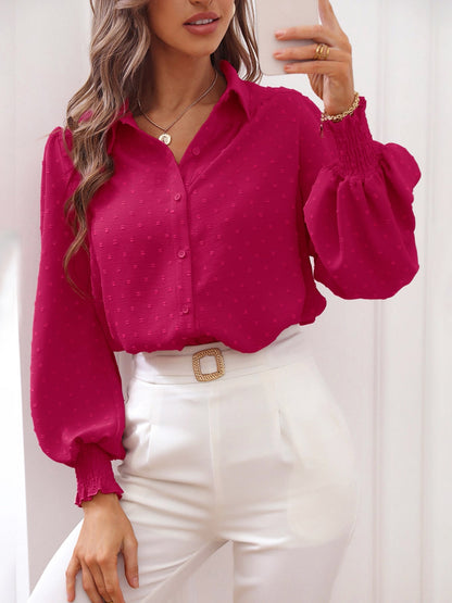 Lantern Sleeve Collared Shirt Deep Rose clothes G@S lantern sleeve long sleeve shirt Ship From Overseas Shipping Delay 09/29/2023 - 10/04/2023 shirt top tops