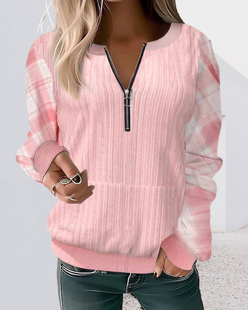 BerryBetty - Zipper plaid color block sweatshirt