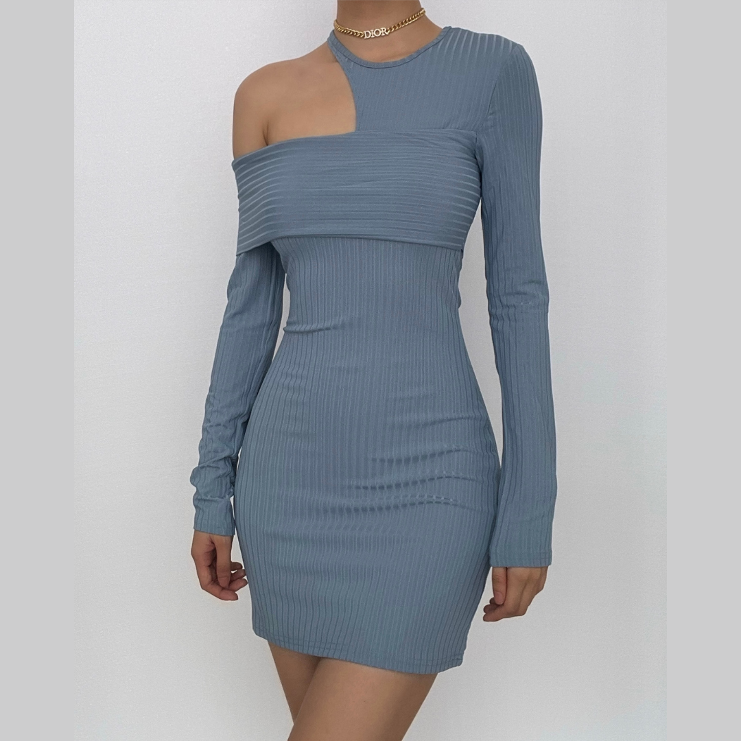 BerryBetty - Irregular off shoulder ribbed solid ribbed long sleeve mini dress