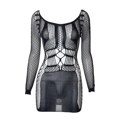 BerryBetty - Fishnet long sleeve hollow out see through mini dress