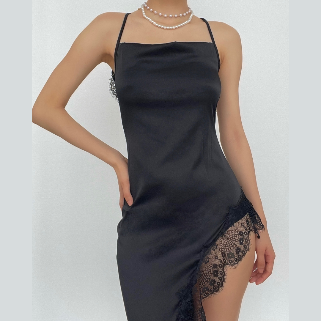 BerryBetty - Hem lace slit satin cross open back dress