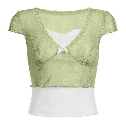 BerryBetty - Lace contrast patchwork cap sleeve ruffle crop top