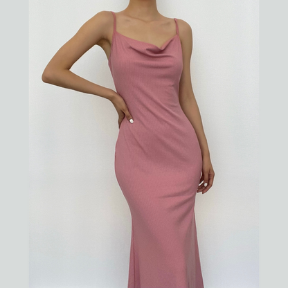 BerryBetty - Sleeveless solid ribbed cowl neck backless ruffle maxi dress