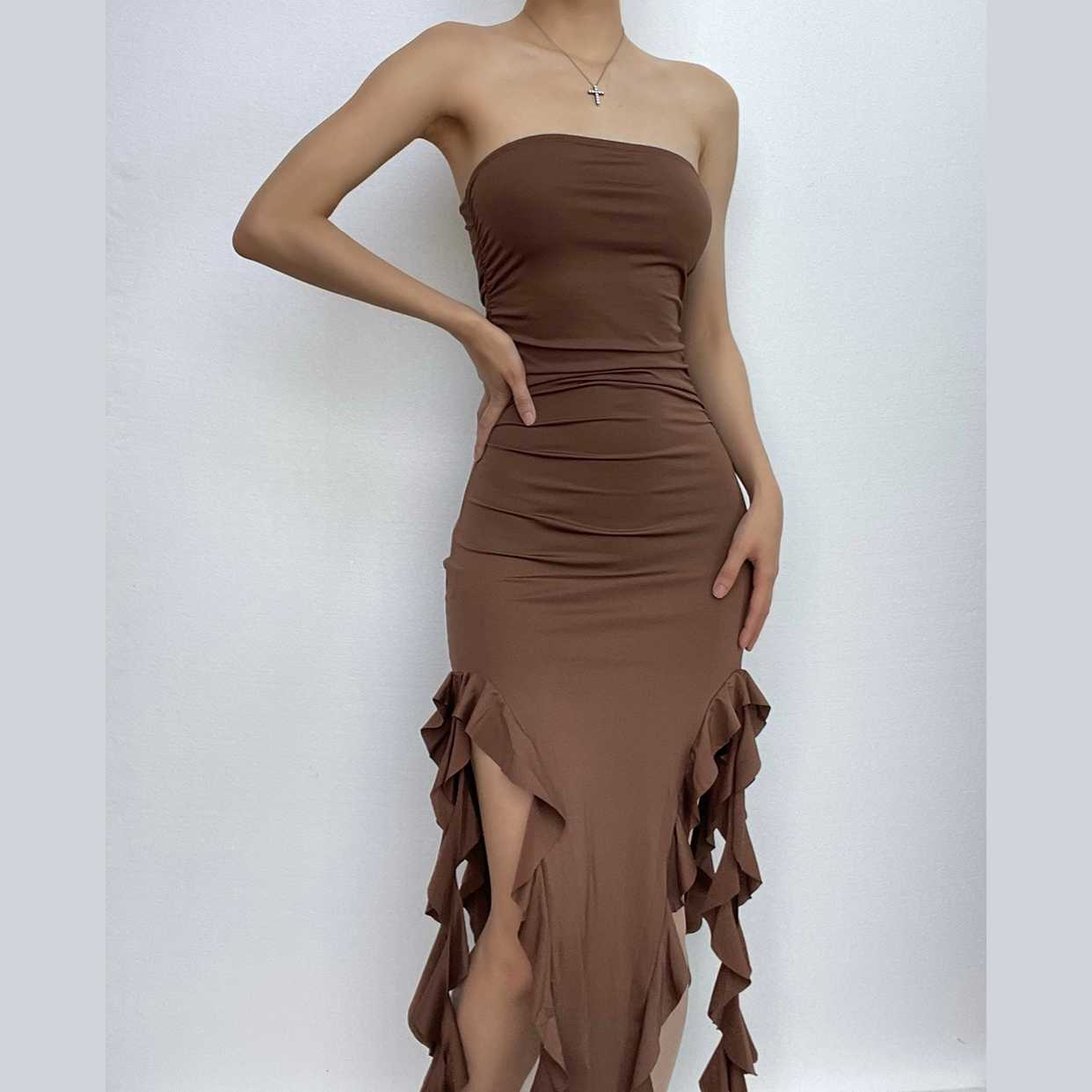 BerryBetty - Solid slit irregular ruffle ribbon backless tube midi dress