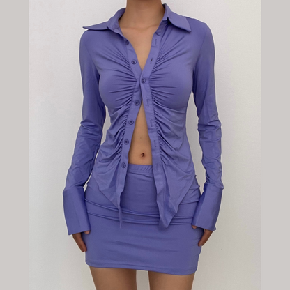 BerryBetty - Turnover collar ruched button long sleeve solid mini skirt set