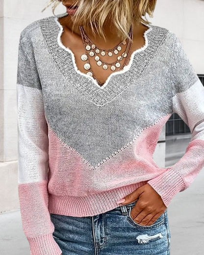 BerryBetty - V Neck Color Block Pullover