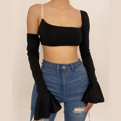 BerryBetty - Off shoulder self tie flared long sleeve backless solid crop top