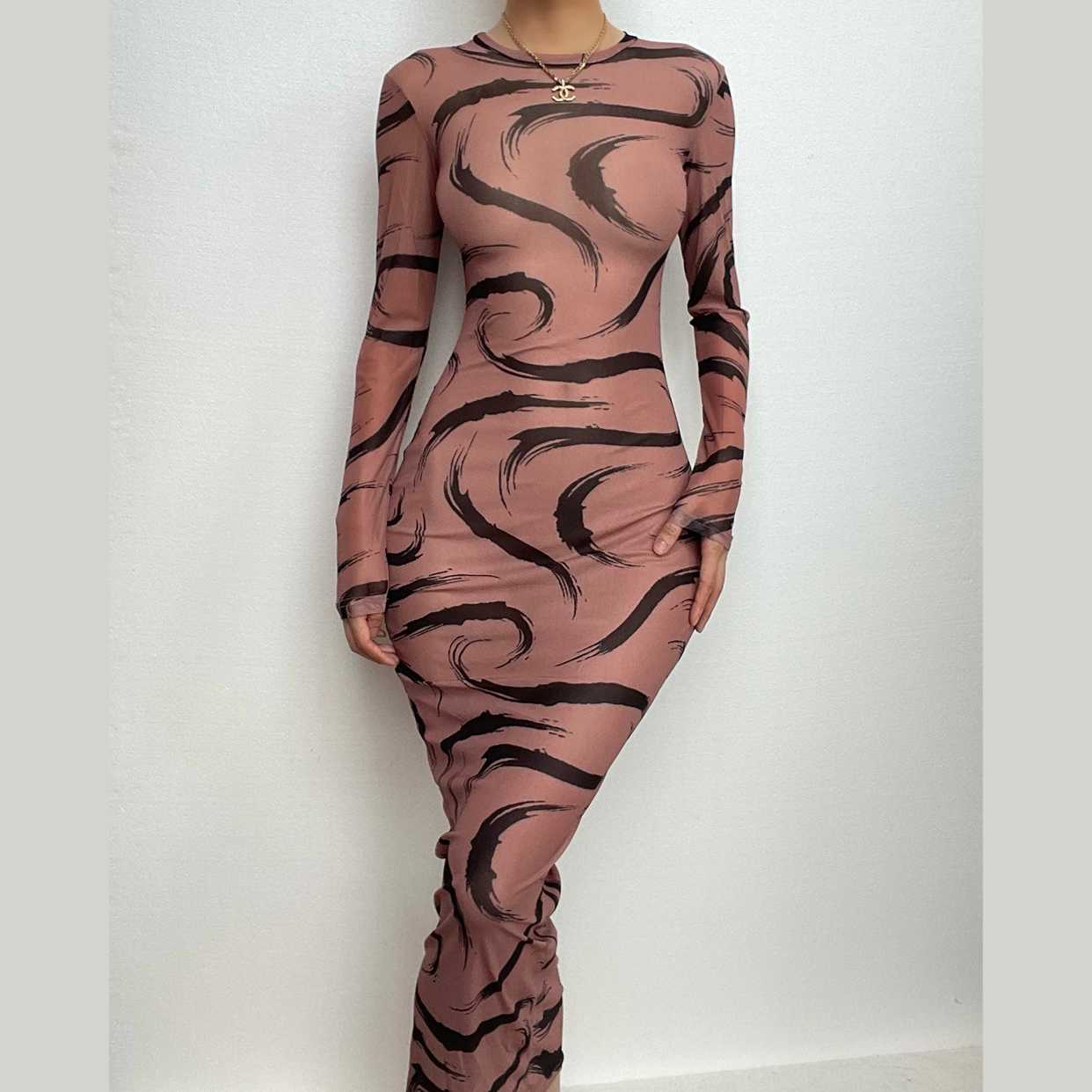 BerryBetty - Sheer mesh see through long sleeve contrast print maxi dress